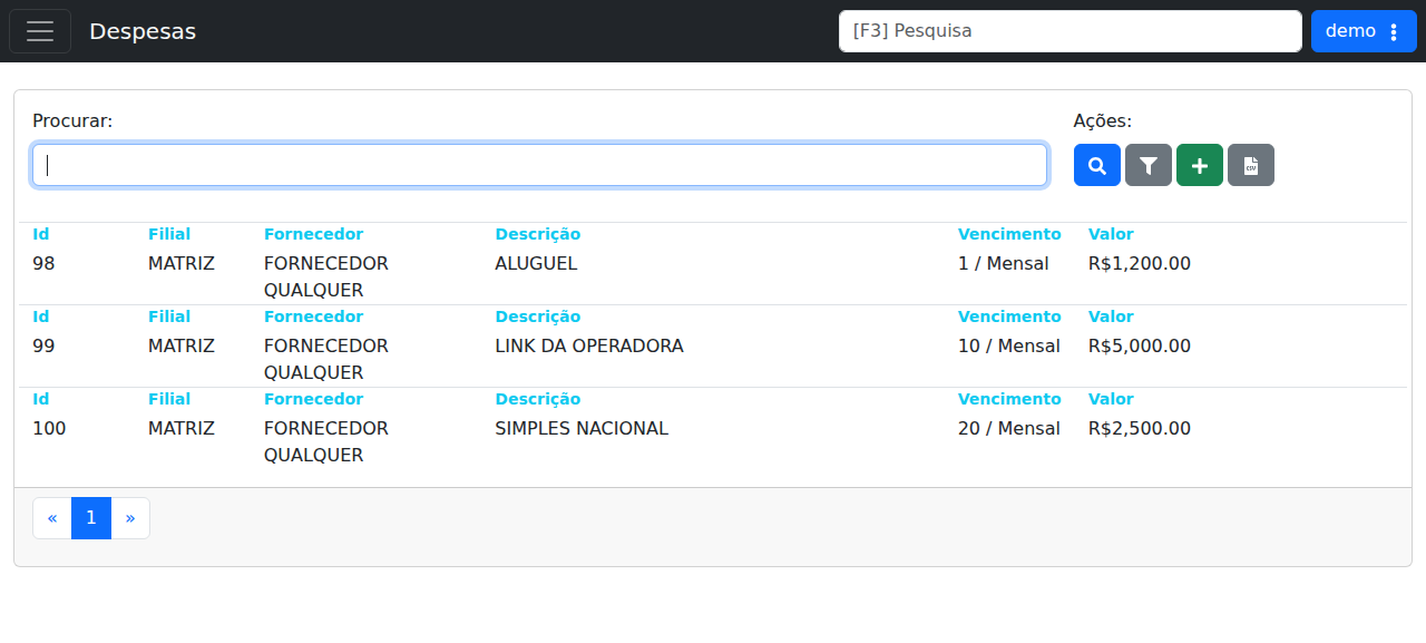 Listagem de despesas